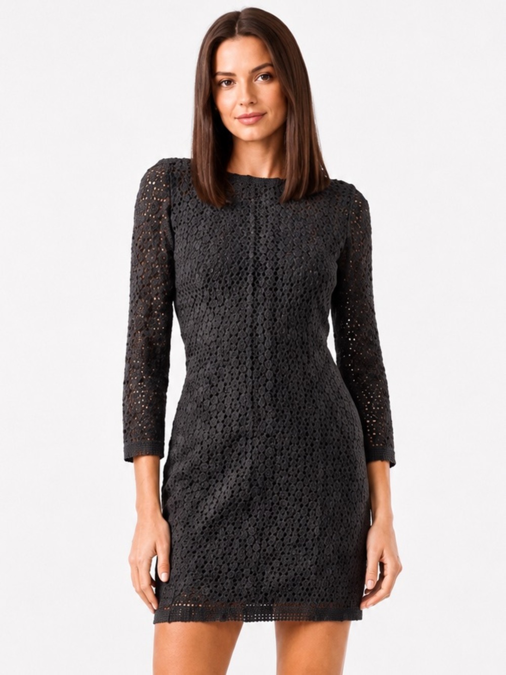 DVF Diane Von Furstenberg Caritan Crochet Lace Mini Dress Gray Long Sleeve Size